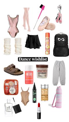 the words dance wishlist are surrounded by various items such as shoes, bras, socks and lipstick