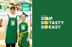 two people in green aprons standing next to each other with the words easy soup so tasty so easy