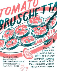 a drawing of some food on a plate with the words tomato bruschetta above it