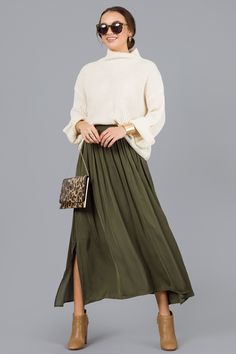 A-Line Maxi Skirt, Olive :: NEW ARRIVALS :: The Blue Door Boutique Long Skirts With Belts, Cream Maxi Skirt Outfit Fall, Green Maxi Skirt Outfit Fall, Olive Slip Skirt Outfit, Maxi Green Skirt Outfit, Long Maxi Skirts Outfit, Olive Maxi Skirt Outfit, Olive Green Midi Skirt Outfit, Casual Flowy Maxi Dress For Fall