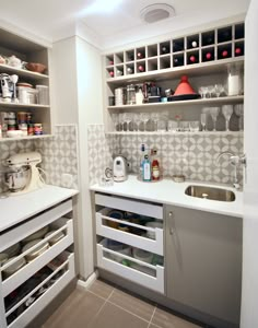 the kitchen is clean and ready to be used for cooking or as a storage space