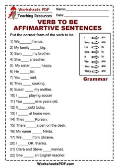 worksheet for the verb to be affirmative sentence