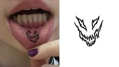 a woman's mouth with tattoos on it and an image of a fox head