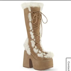 Camel Suede Platform Boots With White Fur New Never Worn Lace High Heels, High Heel Stiefel, Winter Heels, High Top Boots, Casual Winter Outfits, Tie Shoes, Mid Calf Boots, Designer Heels, Womens Casual Outfits