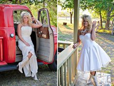 two women in white dresses standing next to an old red truck with the door open