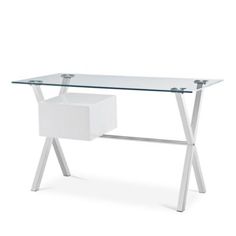 a glass desk with white legs and a drawer underneath it, on a white background