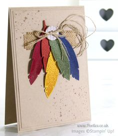 a card that has been made with some colored feathers on the front and back of it