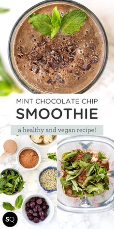 chocolate chip smoothie in a glass bowl with ingredients around it and the title overlay reads, mint chocolate chip smoothie