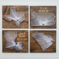 four pictures of string art on wood with words saying no place like home and an image of a starburst