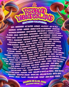 an event poster for the second wonderland southern california festival, featuring mushrooms and other things