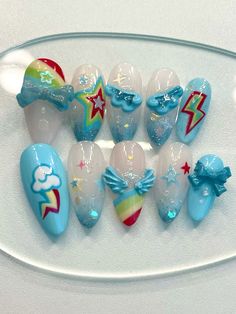 Rainbow Dash Nails, Wizard Of Oz Nails, Mlp Nails, Dash Nails, Nails Rainbow, Multicolored Nails, Fake Nails Designs