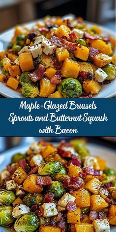 a plate full of brussel sprouts and butternut squash with bacon