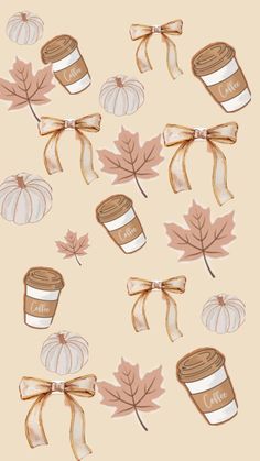 coffee mugs and autumn leaves on a beige background