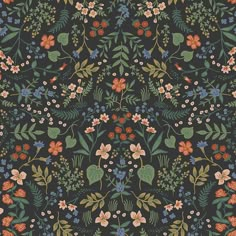 an image of a floral wallpaper with many different flowers and leaves on black background