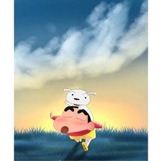 a cartoon character with a dog on his back in the air above grass and clouds