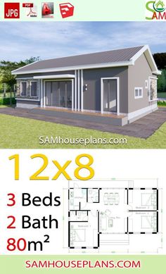 two bedroom house plan with 3 beds and 2 bathrooms in the same area, on sale