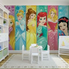 the princesses are lined up against the wall in this children's room with colorful walls