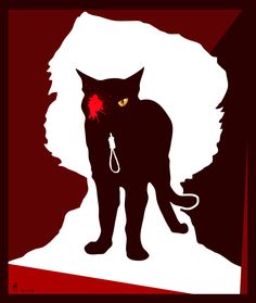 a black cat with yellow eyes standing in front of a red background and white silhouette