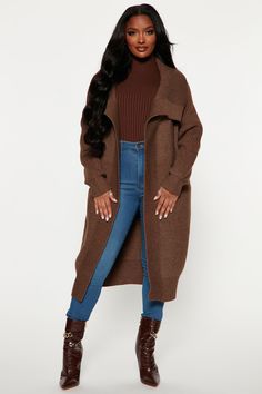 Available In Brown. Sweater Coat Rib Sweater Knit Open Front Long Sleeve Exaggerated Collar Balloon Sleeve Pockets Duster Length 33% Acrylic 27% Polyester 25% Cotton 15% Nylon Imported | Aspen Sweater Coat in Brown size 3X by Fashion Nova Cute Brown Outfits, 70s Winter Fashion, Brown Sweater Coat, Brown Coat Outfit, Winter Baddie, Marilyn Melo, Exaggerated Collar, Fall Sweaters For Women, Outfit Collection