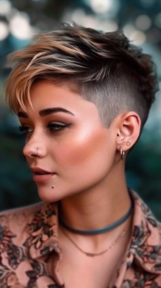 Dirty Blonde Undercut Short Female Haircut Shaved Sides, Blonde Pixie With Dark Roots, Asymetrical Haircut Short Edgy, Bold Hair Color For Short Hair, Short Hair With Shaved Sides For Women, Short Hair Styles For Women Pixie, Hair Color Ideas Short Hair Pixie Cuts, Short Blonde Hairstyles Pixie, Short Hair With Shaved Side