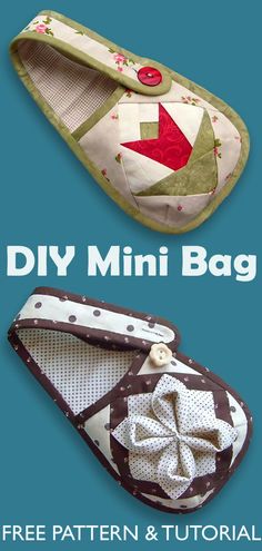 two small purses with the words diy mini bag written on them and an image of