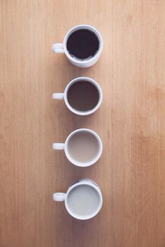 three cups of coffee are lined up on a table