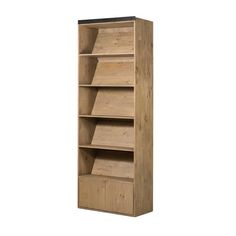 a tall wooden bookcase with drawers on the bottom and bottom shelves, in front of a white background