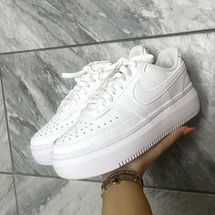 White Platform Nikes , Brand New Never Worn , Size 7 Cheap Nike Air Force 1, Cute White Shoes Aesthetic, Nike Air Force Platform, Nike Platform, Platform Air Force 1, Air Force 1 Platform, Nike Platform Sneakers, Black And Gold Sneakers, White Platform Sneakers