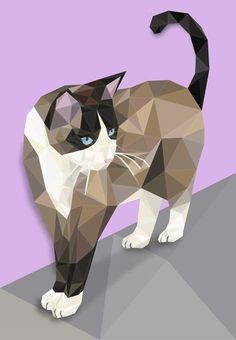 a cat with blue eyes standing on top of a purple and gray background, in low poly style