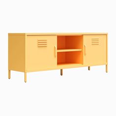 a yellow cabinet with two doors and shelves