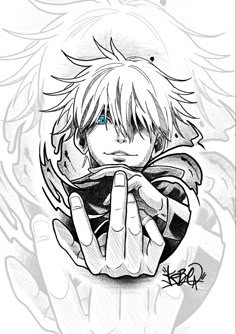 a drawing of an anime character holding his hand up in front of the viewer's face