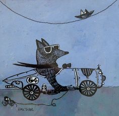 a drawing of a dog driving a cart with a bird on it and an airplane in the sky