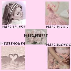 four different pictures with numbers and images of women in pink dresses, swans on the water