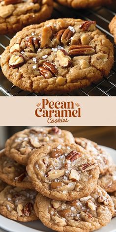 pecan caramel cookies on a cooling rack with the words pecan caramel cookies above them