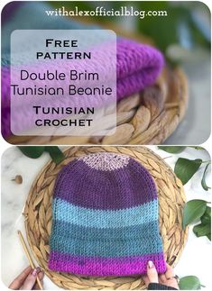 two knitted hats with text that reads free pattern double brim tunisan beanie