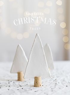 two white christmas trees on a table with lights in the background and text overlay that reads tiny little christmas trees