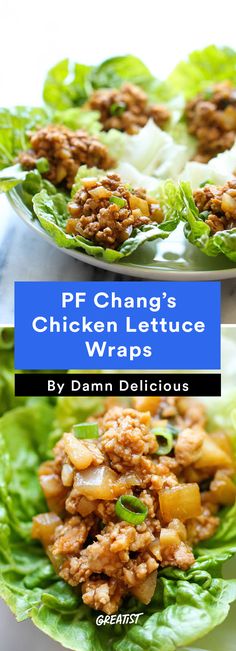 two plates filled with lettuce and meat on top of each other, the title reads pf change's chicken lettuce wraps