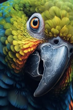 a close up of a parrot's face with its mouth open and eyes wide open