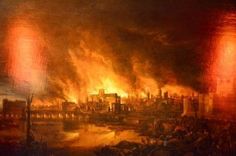 an oil painting of a city on fire