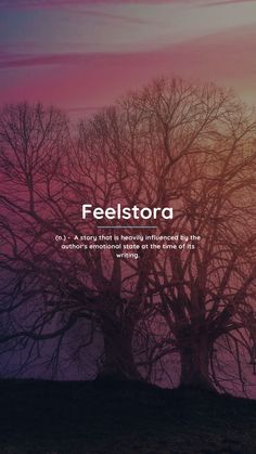 a tree with the words feelstoa on it in front of a purple and pink sky