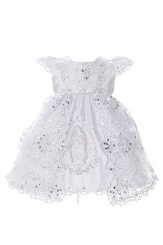 Christening dress by Rain Kids will make any baby's blessing a very special event. Stunning short cap sleeve style covered in rhinestone and sequin lace with hi-low skirt embroidered with Virgin Mary. On the back it features rhinestone beaded bow line, waist bow tie and button closure. Comes in white. Matching cape and bonnet included. Virgin Mary Embroidery, Mary Embroidery, Beaded Bow, Hi Low Skirts, Baptism Dress, Christening Dress, Baptism Girl, Dress Order, Matching Headband