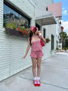 Red gingham outfit, spring summer trends, boxer short outfit ideas, mary jane shoes, pop of red, crochet hair scarf, cottagecore outfit inspo, pinterest girl style, summer 2024 trends Checkered Summer Outfit, Gingham Outfit Aesthetic, Red Gingham Outfit, Boxer Short Outfits, Red Mary Janes Outfit, Coquette Moodboard, Pilates Fashion, Strawberry Outfit, Gingham Outfit