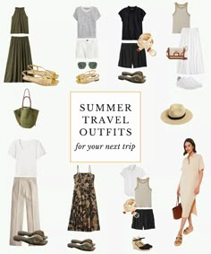 a woman standing in front of a white background with the words summer travel outfits for your next trip