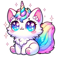 a cute little unicorn cat sitting on top of a pile of stars