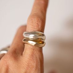 Organically carved ring that flows in thickness. Details: Original design carved in wax and cast in sterling silver. Gold ring is vermeil. Sold as a single ring. Wax Carving Ring, Wax Carved Ring, Wax Carving Jewelry, Silver Gold Ring, Wax Ring, Carved Ring, Wax Carving, Single Ring, Original Design