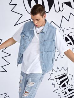 Light Wash Casual  Sleeveless Denim Plain Other Embellished Non-Stretch  Men Denim Denim White Outfit Men, Sleeveless Jean Jacket Outfits Men, Mens Denim Vest Outfit, Denim Men Fashion, Jeans Vest Outfit Men, White And Denim Outfits Men, Denim Vest Outfit Men, Denim White Outfit