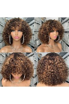 Curly Bob Wig with Bangs Human Hair Ombre Short Afro Curly Wig for Black Women None Lace front Glueless Wig kinky Curly Wigs 180% Density Piano Brown Blonde (12 inch P4/30) Curly Quick Weave Bob With Bangs, Curly Wig For Black Women, Wig Products, Afro Curly Wig, Curly Women, Bangs For Black Women, Bob Wigs With Bangs, Wig Bangs, Wig Ideas Black Women