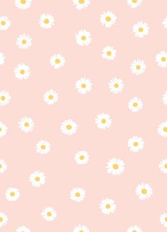 a pink background with white daisies and yellow centers on it's sides, as well as an orange dot in the center