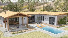 an artist's rendering of a house with a swimming pool and covered patio area