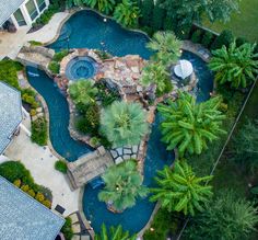 an aerial view of a pool surrounded by palm trees and other greenery in the backyard